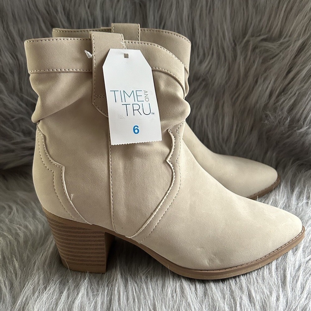 Time And Tru Western Slouch Cowgirl Boots Womens Size 6 Tan Beige Booties Shoes - Picture 5 of 6
